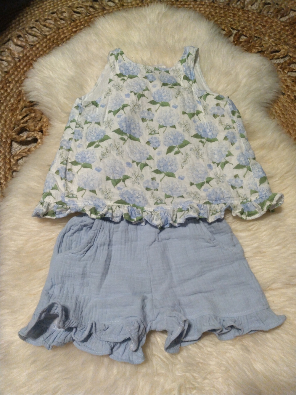 Stitchy Fish Hydrangea Blooms Muslin Short Set, Size 5